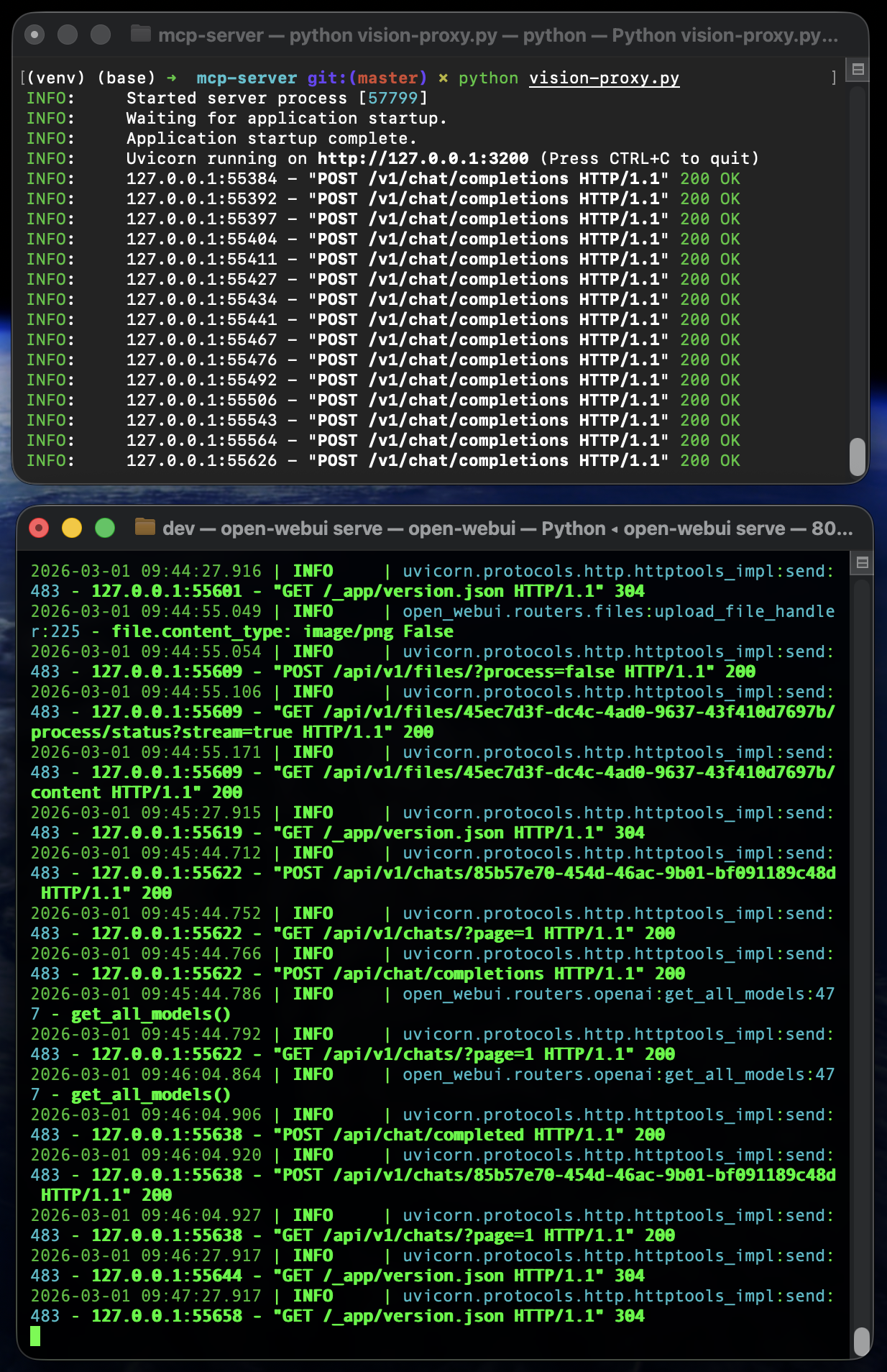 Terminal mit Vision-Proxy und Open WebUI Logs