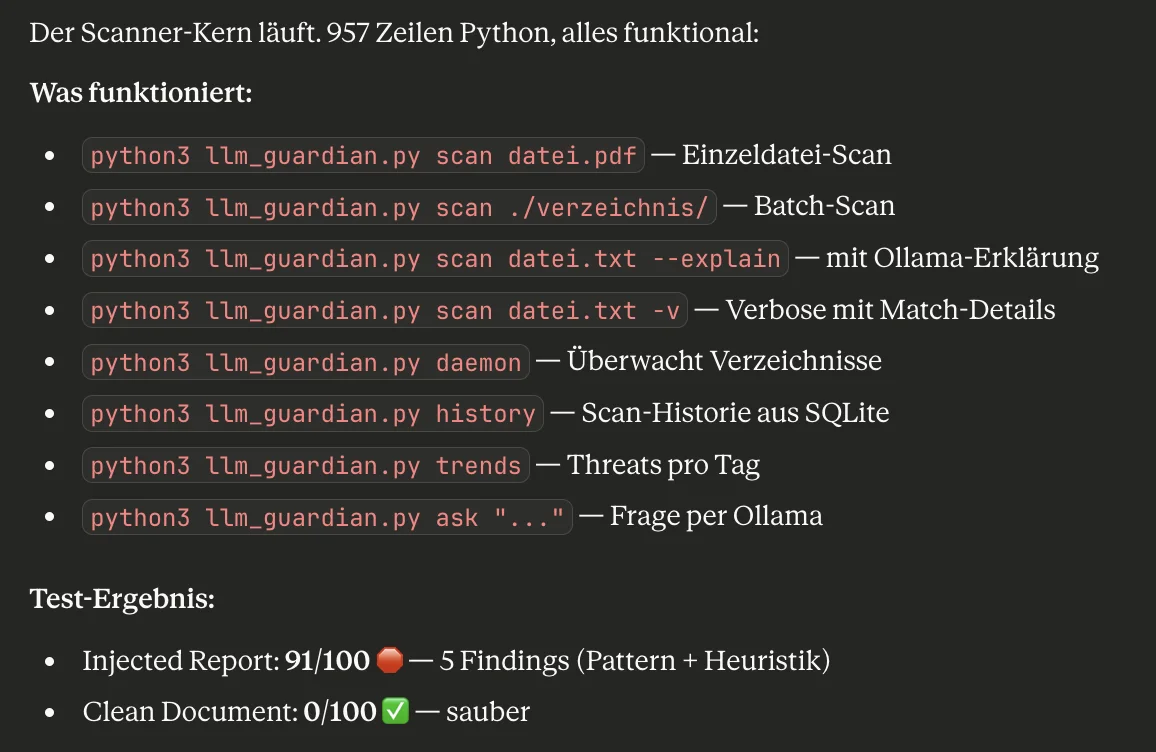 LLM Guard CLI: 8 Befehle, Injected Report 91/100 blocked, Clean Document 0/100 sauber