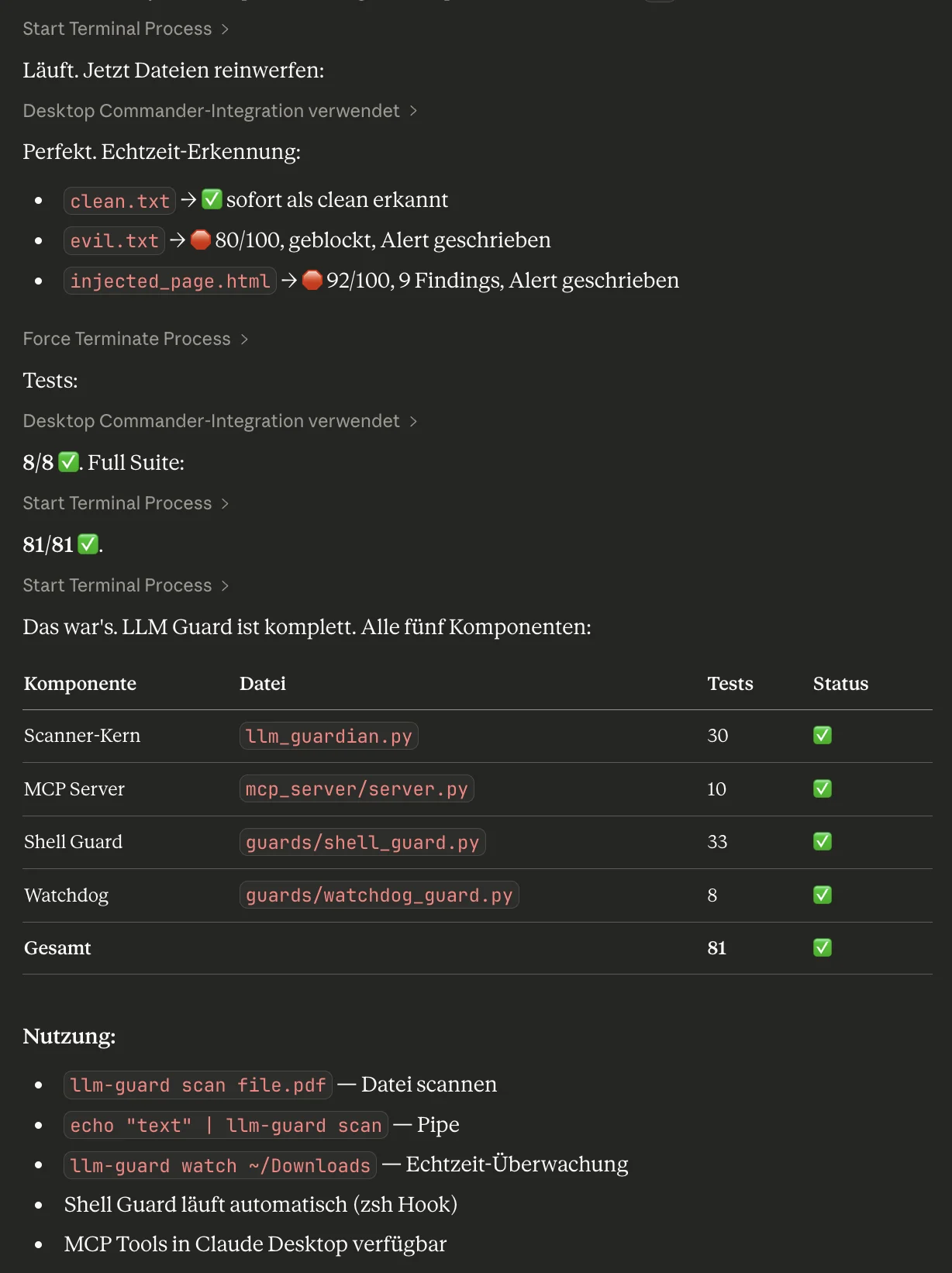 Watchdog Echtzeit-Erkennung, 81/81 Tests grün, alle Komponenten